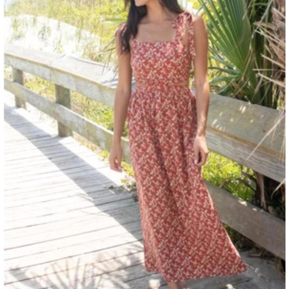 NATURAL LIFE red cream floral cut out twist midi dress sz S